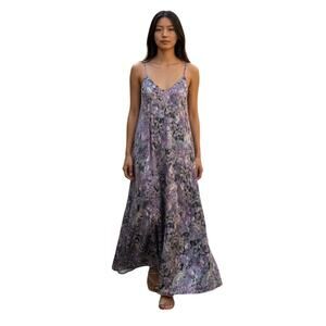 Leslie Fay Purple Print Maxi Loose Satin Slip Dress with pockets Size S